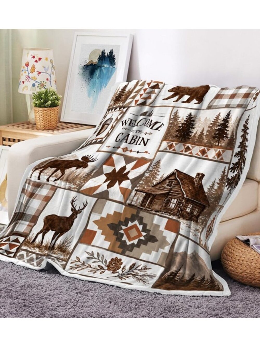 Rustic Cabin Throw Blanket, Bear Deer Moose Patchwork Lodge Home Decor